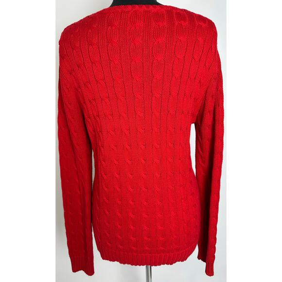 Ralph Lauren Size XL Women's Cable Knit V-Neck Sweater Fisherman Gold Pony Red - Picture 5 of 11